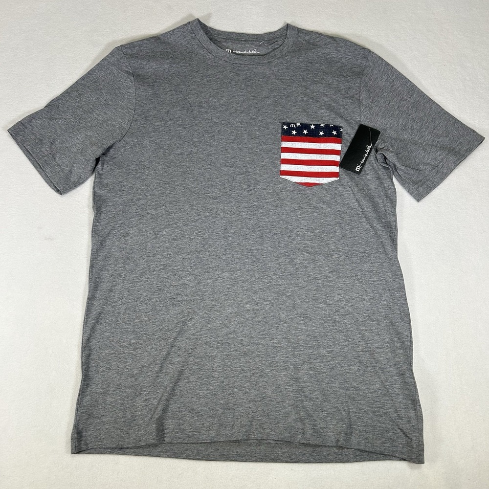NWT Travis Mathew Mens Medium Gray Party On USA Pocket Golf Short Sleeve T Shirt